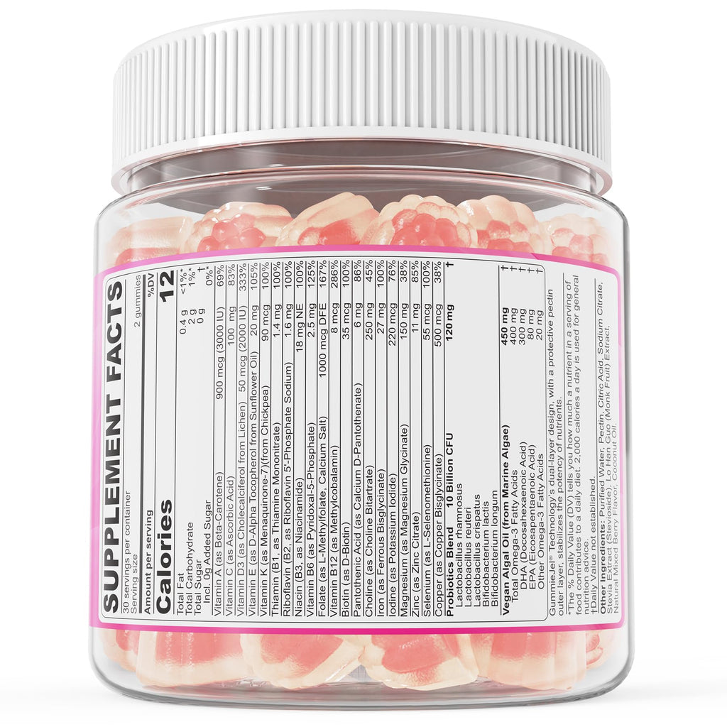 Prenatal Vitamins for Women Gummies - Methylfolate 1mg, DHA+EPA, Choline | Sugar-Free, Vegan | 60 Count