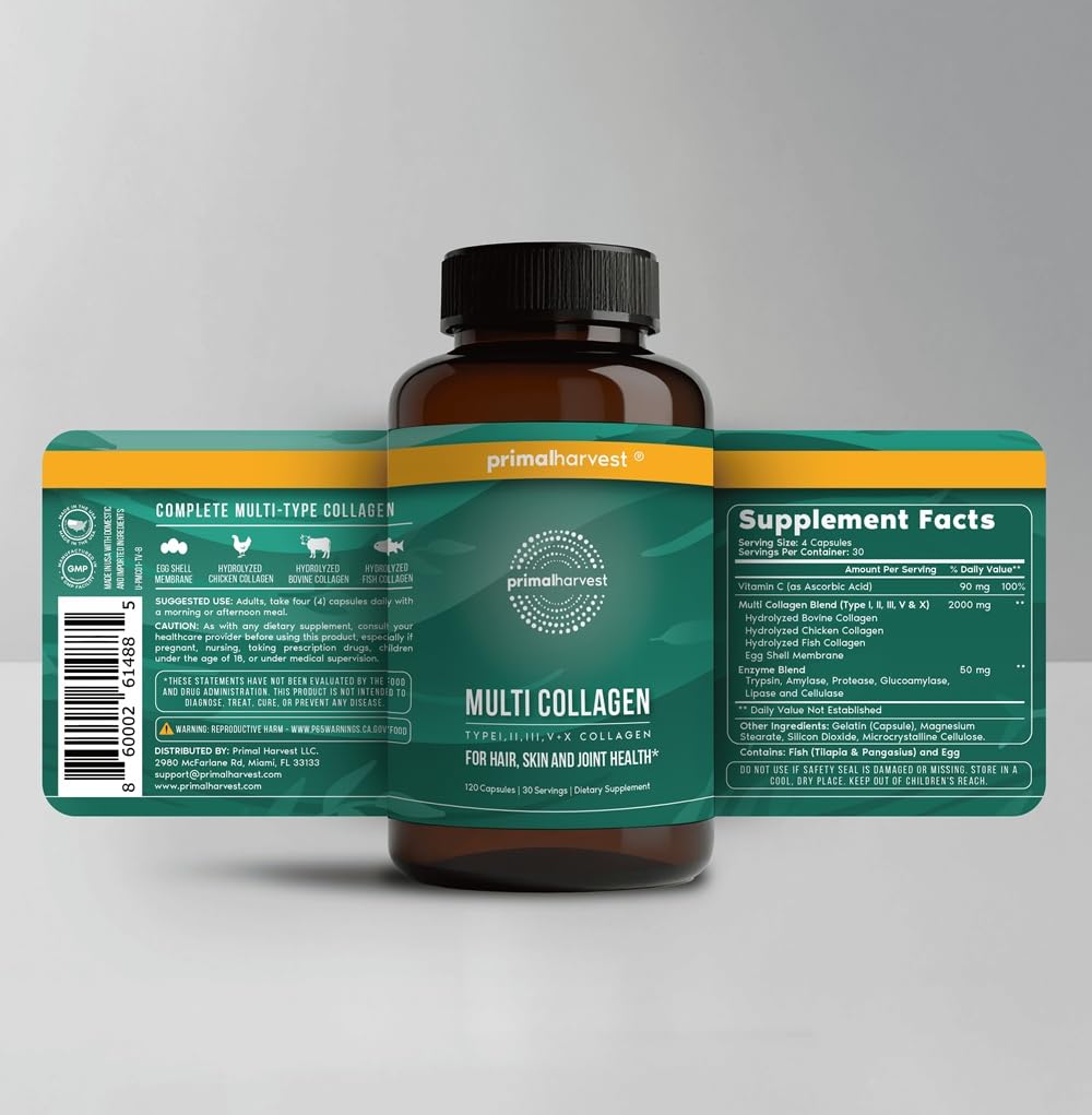 Primal Harvest Multi Collagen Pills (Type I II III V X) 120 Capsules – Hair Skin Nails