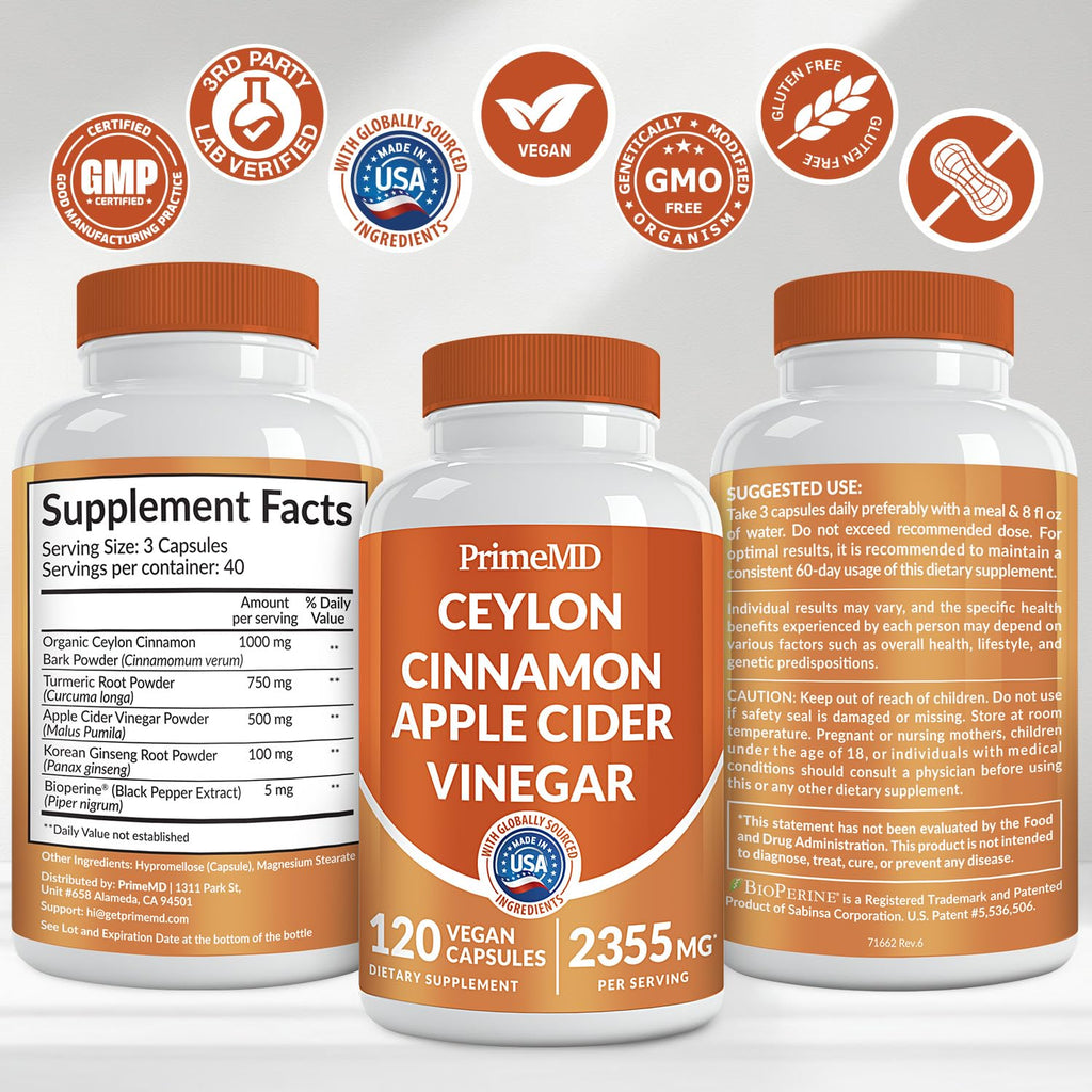 PrimeMD 5-in-1 Ceylon Cinnamon Capsules 2355mg with Apple Cider Vinegar, Turmeric, Panax Ginseng & Bioperine (Pack of 2, 120 Count)