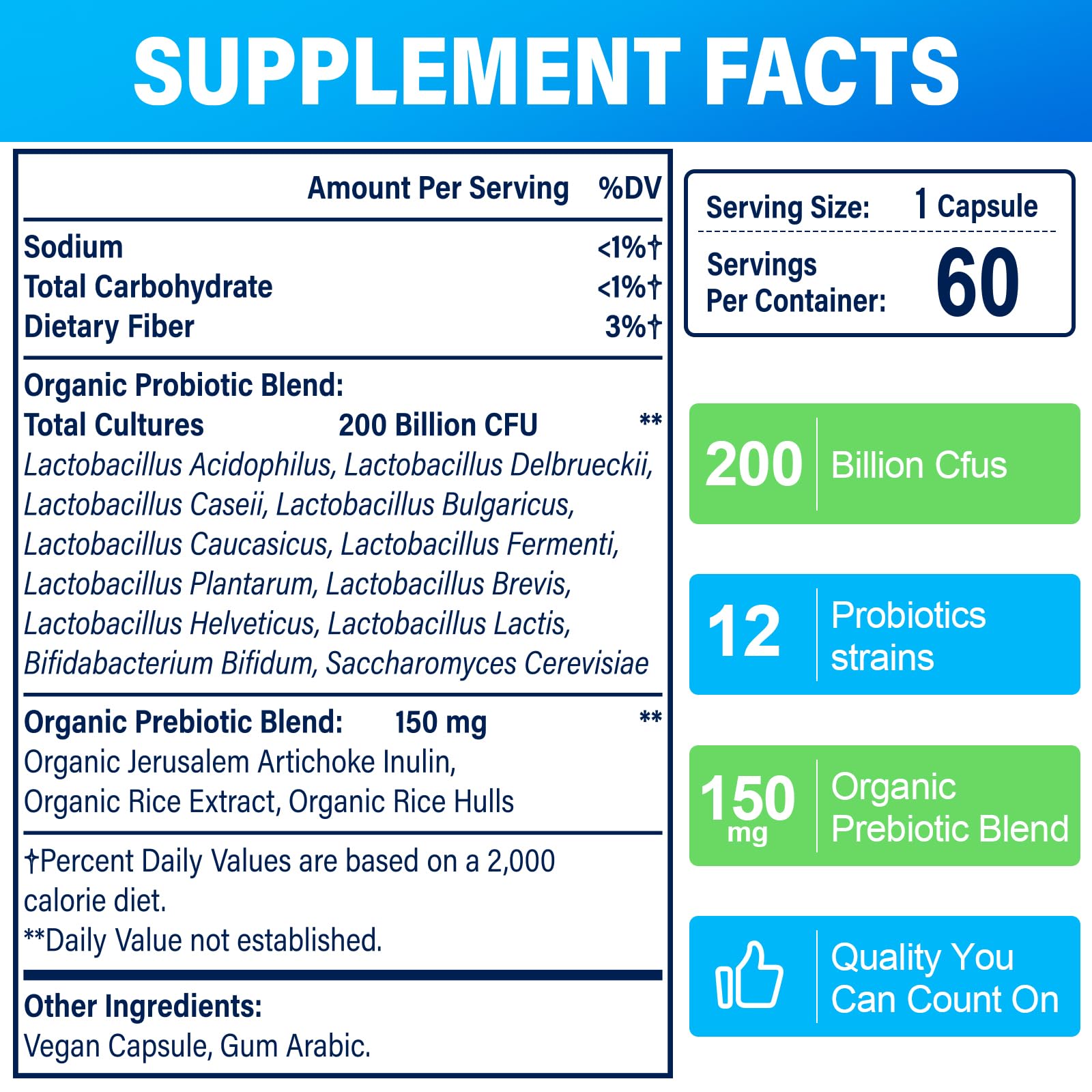 Probiotics for Women & Men | 200 Billion CFUs, 12 Strains | Daily Probiotic with 3 Prebiotics | Shelf-Stable & Vegan, 60 Caps