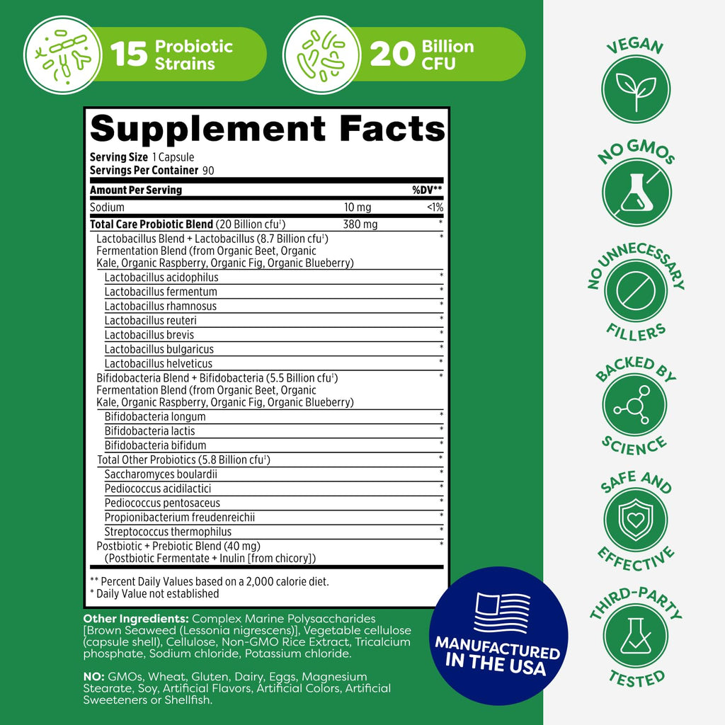 Probulin Total Care Probiotic | 20 Billion CFU, Gut, Digestive & Immune Support, 90-Count Vegan Capsules