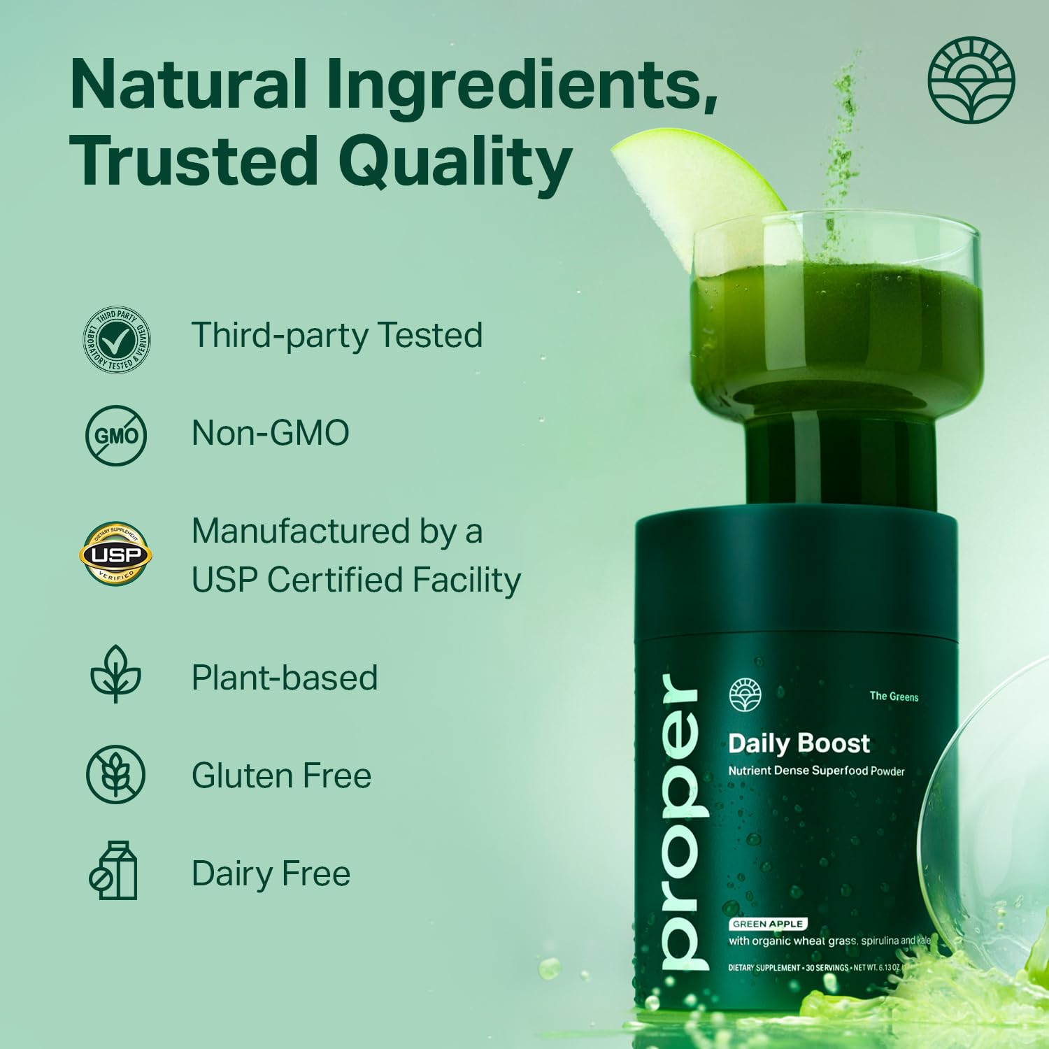 Proper The Greens Daily Boost Organic Greens Powder – Apple Flavor, Wheatgrass, Spirulina & Chlorella