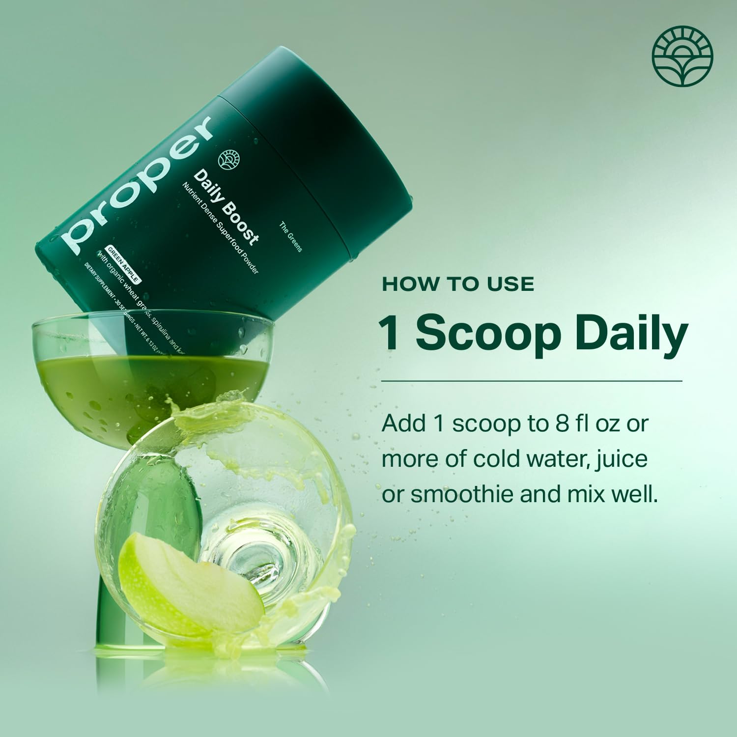 Proper The Greens Daily Boost Organic Greens Powder – Apple Flavor, Wheatgrass, Spirulina & Chlorella