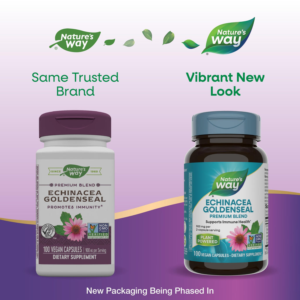 Nature's Way Echinacea Goldenseal, Premium Blend, Supports Immune Health*, 900 mg per 2-Capsule Serving, Non-GMO Project Verified, Vegan, 100 Capsules (Packaging May Vary)