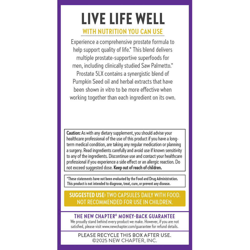 New Chapter Prostate 5LX™ – Prostate Supplement with Clinical-Strength Saw Palmetto + Fermented Selenium, 180 Vegetarian Capsules