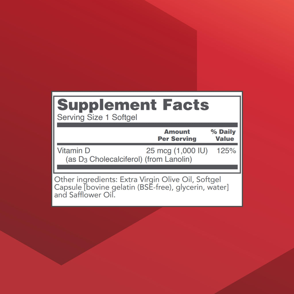 PROTOCOL FOR LIFE BALANCE Vitamin D3 1,000 IU - Immune Support, Strong Bones & Teeth - 120 Softgels