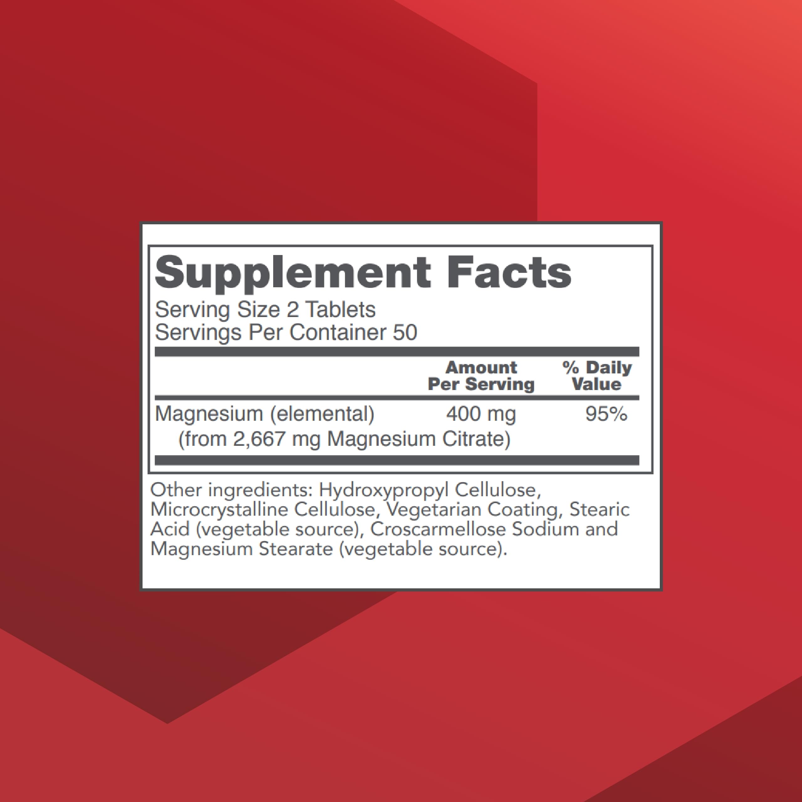 Magnesium Citrate 400mg – Heart Health & Bone Support | Protocol for Life Balance | Vegan, Kosher & Halal | 100 Tabs (Pack of 2)