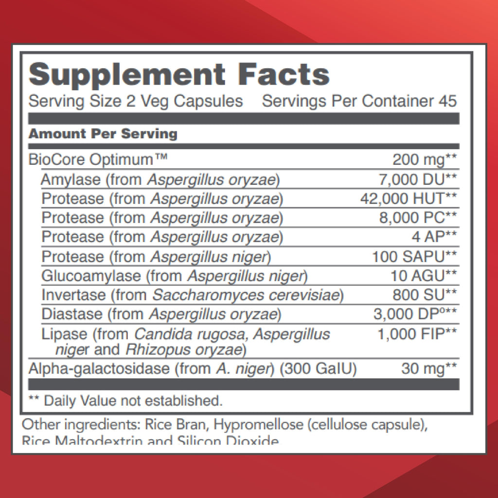 Protocol BioCore Enhanced Enzymes – Digest Beans & Cruciferous Veg – Amylase & Lipase – Kosher & Vegan – 90 Veg Capsules