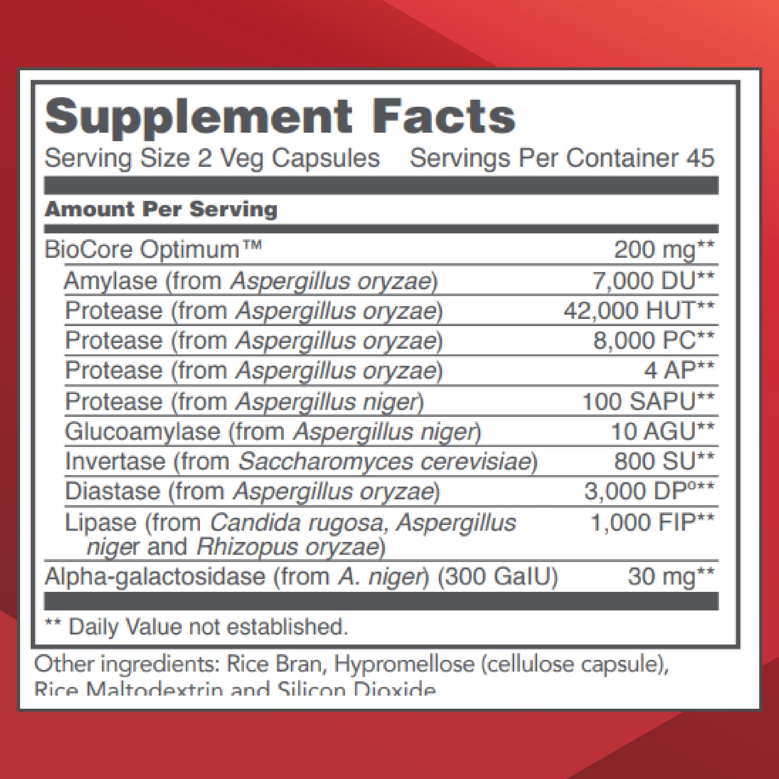 Protocol BioCore Enhanced Enzymes – Digest Beans & Cruciferous Veg – Amylase & Lipase – Kosher & Vegan – 90 Veg Capsules