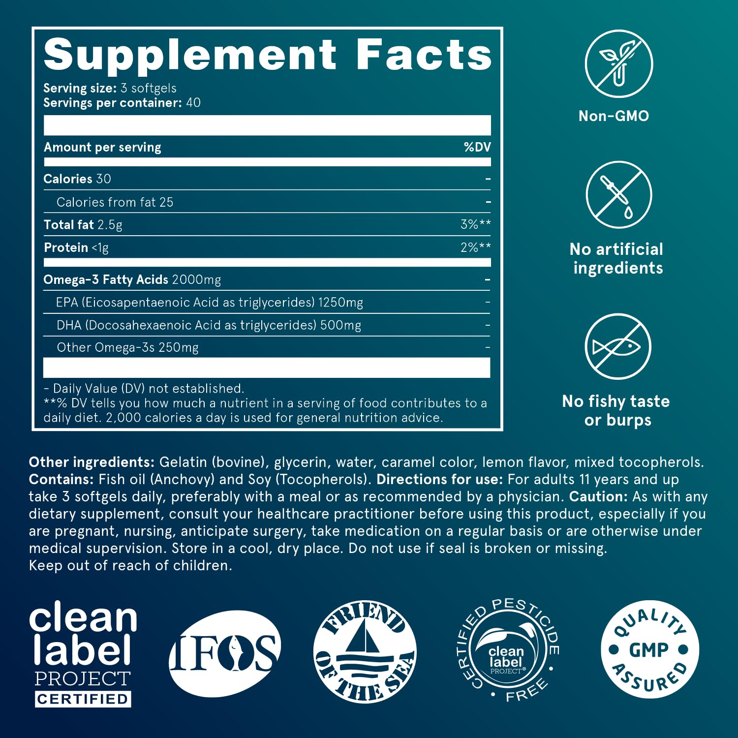 Puori O3 Omega-3 Fish Oil — Burpless, Wild-Caught, 2000mg Omega-3 (EPA 1250mg / DHA 500mg), 240 Softgels, IFOS Certified