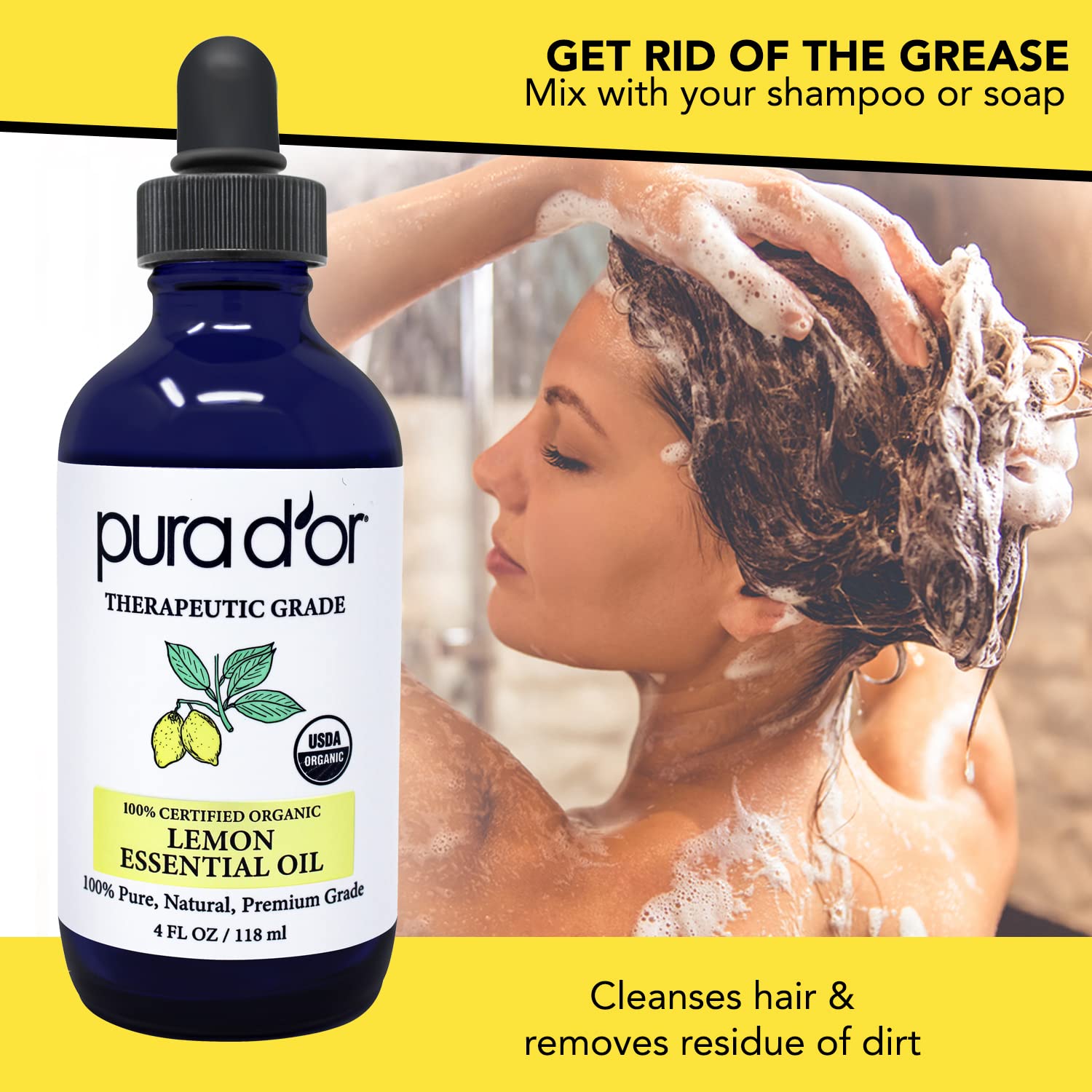 PURA D'OR Organic Lemon Essential Oil (4oz with Glass Dropper) USDA Certified 100% Pure & Natural Therapeutic Grade Diffuser Oil Citrus Scented for Aromatherapy, Mood Uplift, Energy, Focus