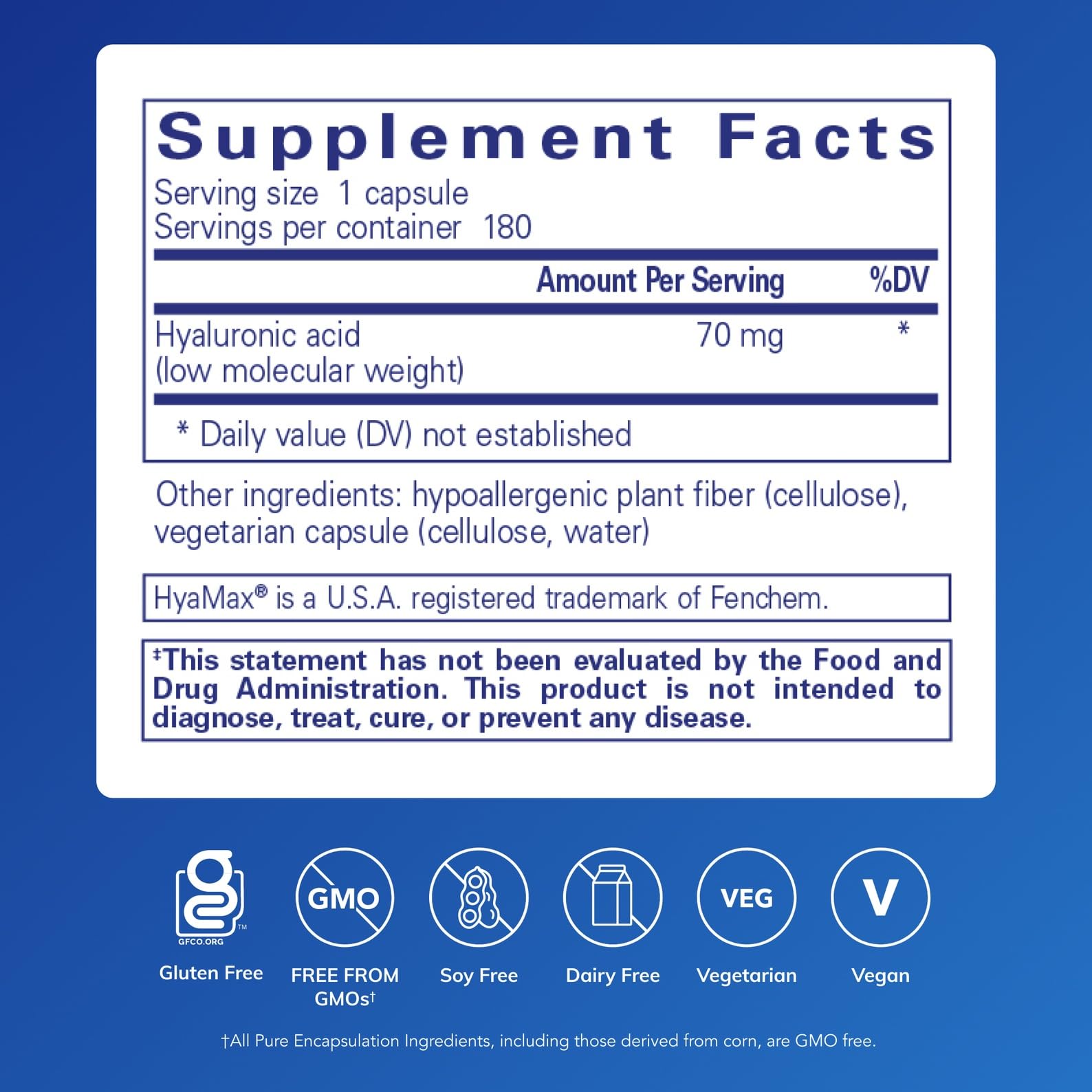 Pure Encapsulations Hyaluronic Acid - Skin Hydration & Joint Support | Gluten Free, Vegan, Non-GMO | 180 Capsules