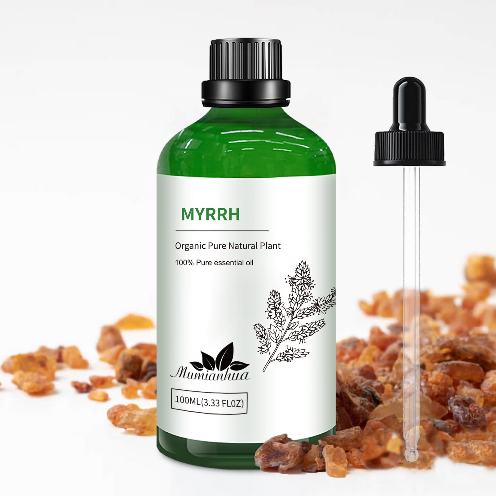 Pure Myrrh Essential Oil, Mumianhua Therapeutic Grade Natural Myrrh Oil for Skin Care, Aromatherapy, Beard Care, Earthy Candle Making, Cleaning Blends & Home Purifier 3.38 Fl Oz