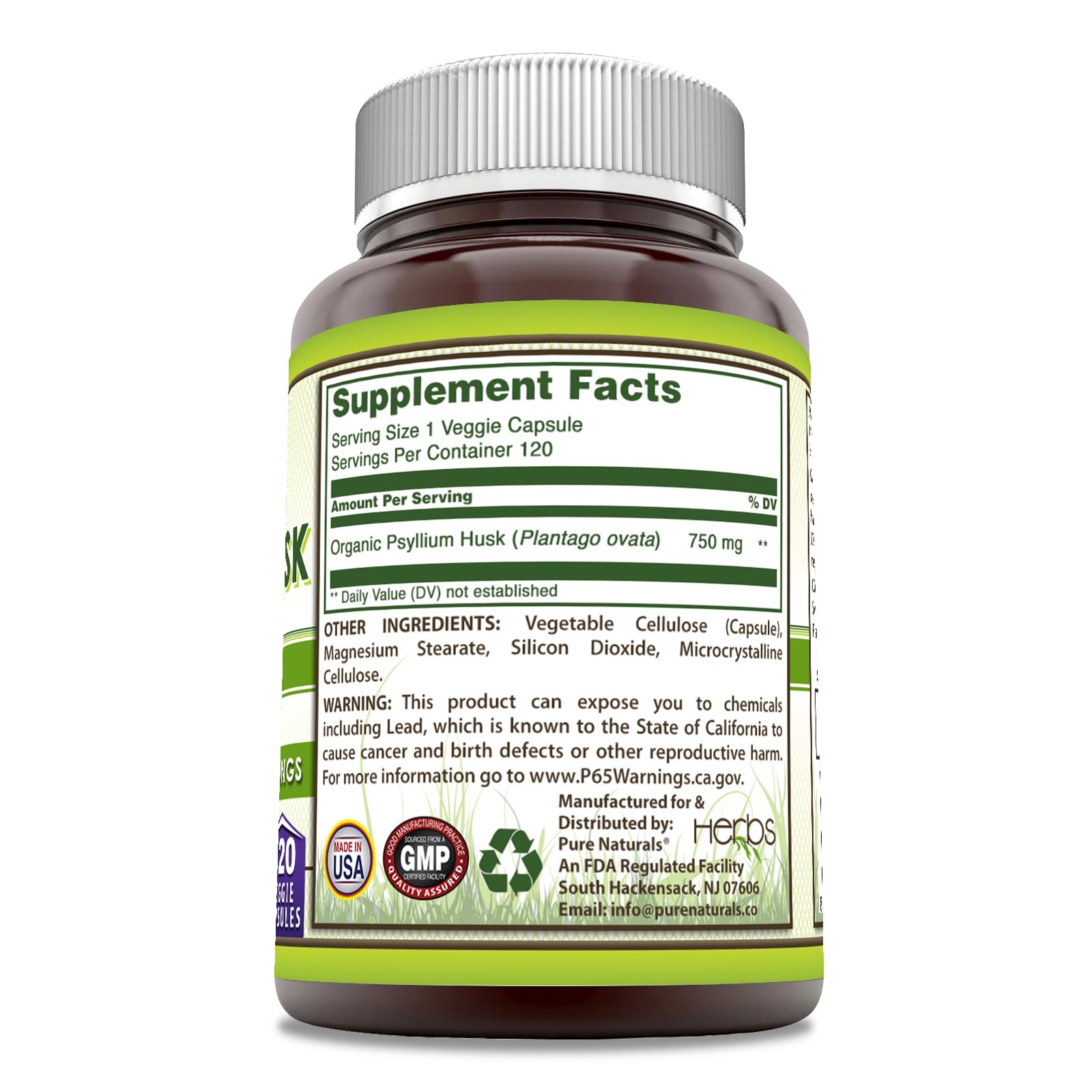 Pure Naturals Psyllium Husk Supplement | 750 Mg Per Serving | Veggie Capsules | Non-GMO | Gluten-Free | Made in USA (120 Count)