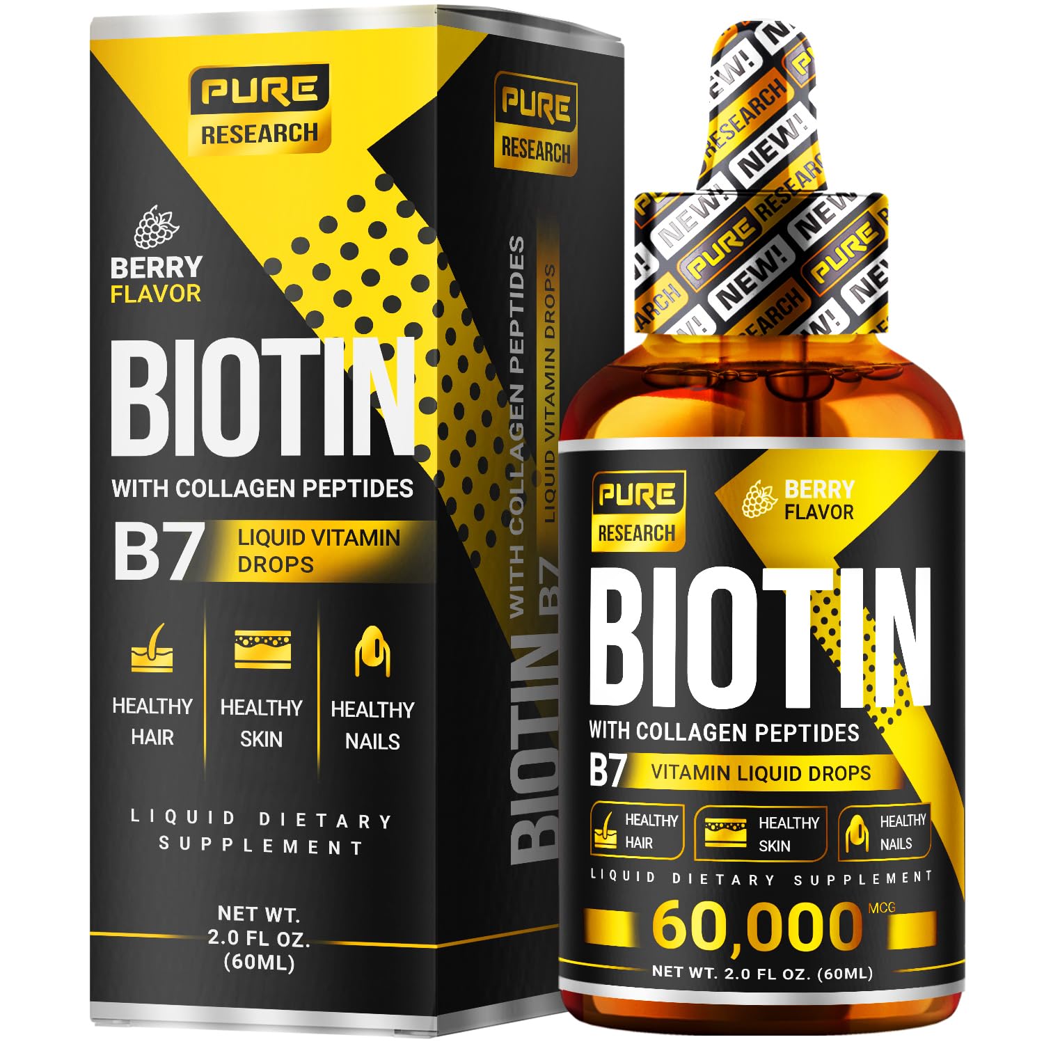 PURE RESEARCH Biotin & Collagen 60,000mcg Hair Growth Liquid Drops – Strong Nails, Healthy Hair & Glowing Skin (4 Fl Oz)