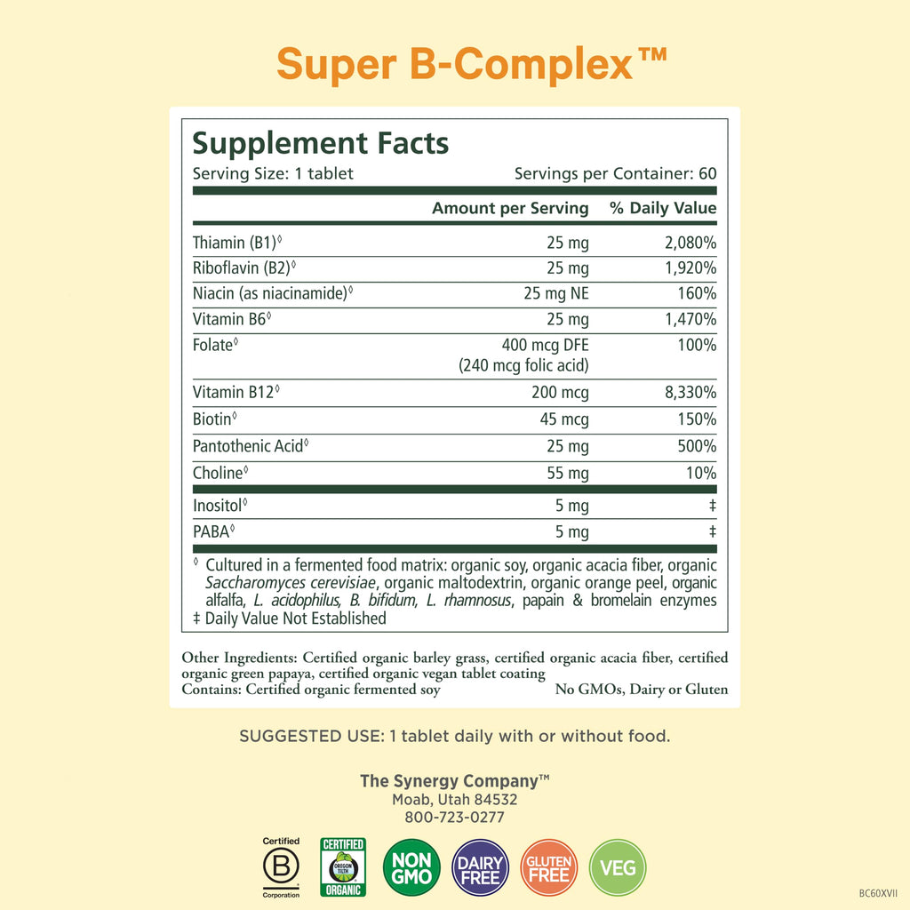PURE SYNERGY Super B-Complex | Organic Vegan Vitamin B-Complex - 60 Tablets