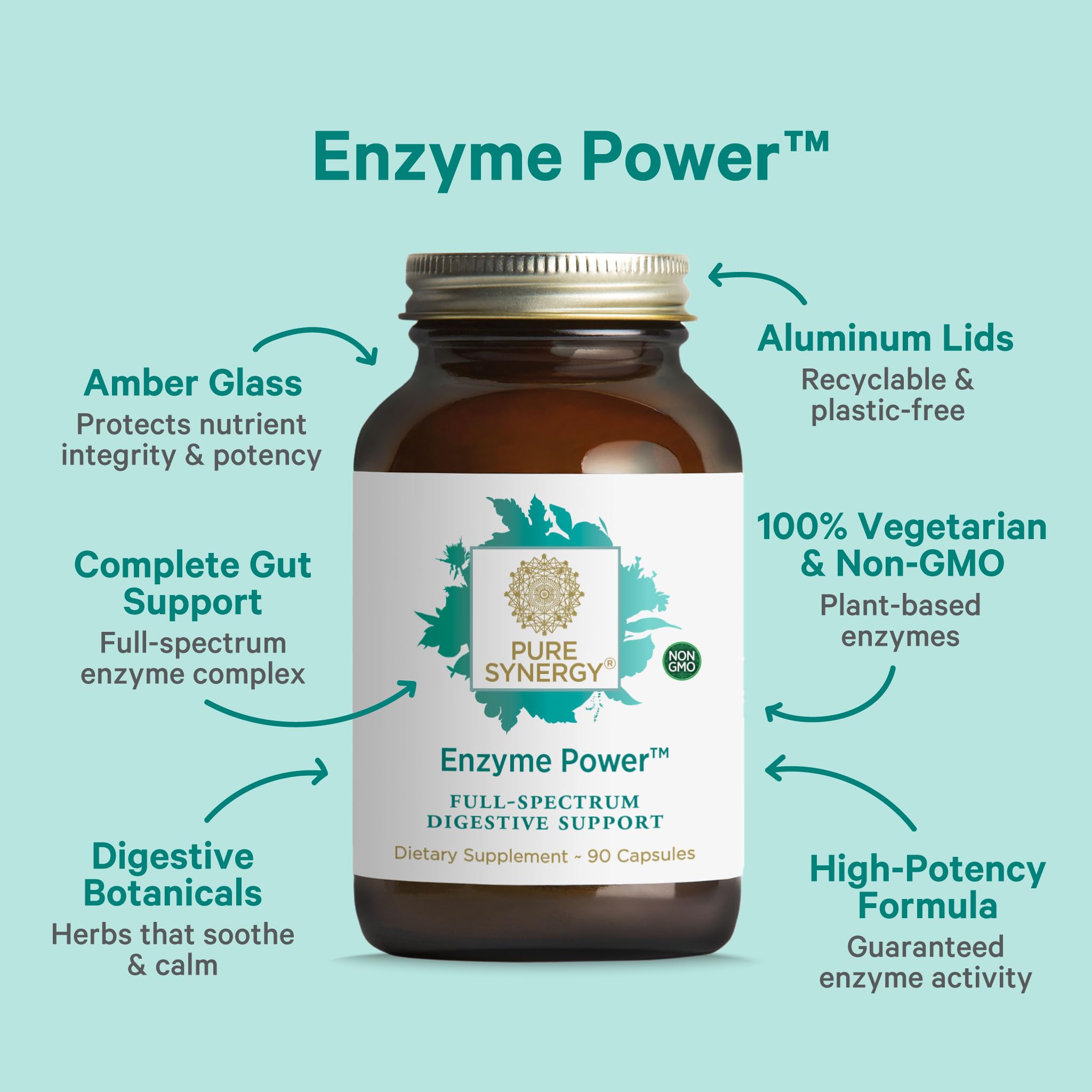 PURE SYNERGY Enzyme Power | Digestive Enzyme Supplement with Nattokinase, Bromelain & Serrapeptase | 90 Capsules