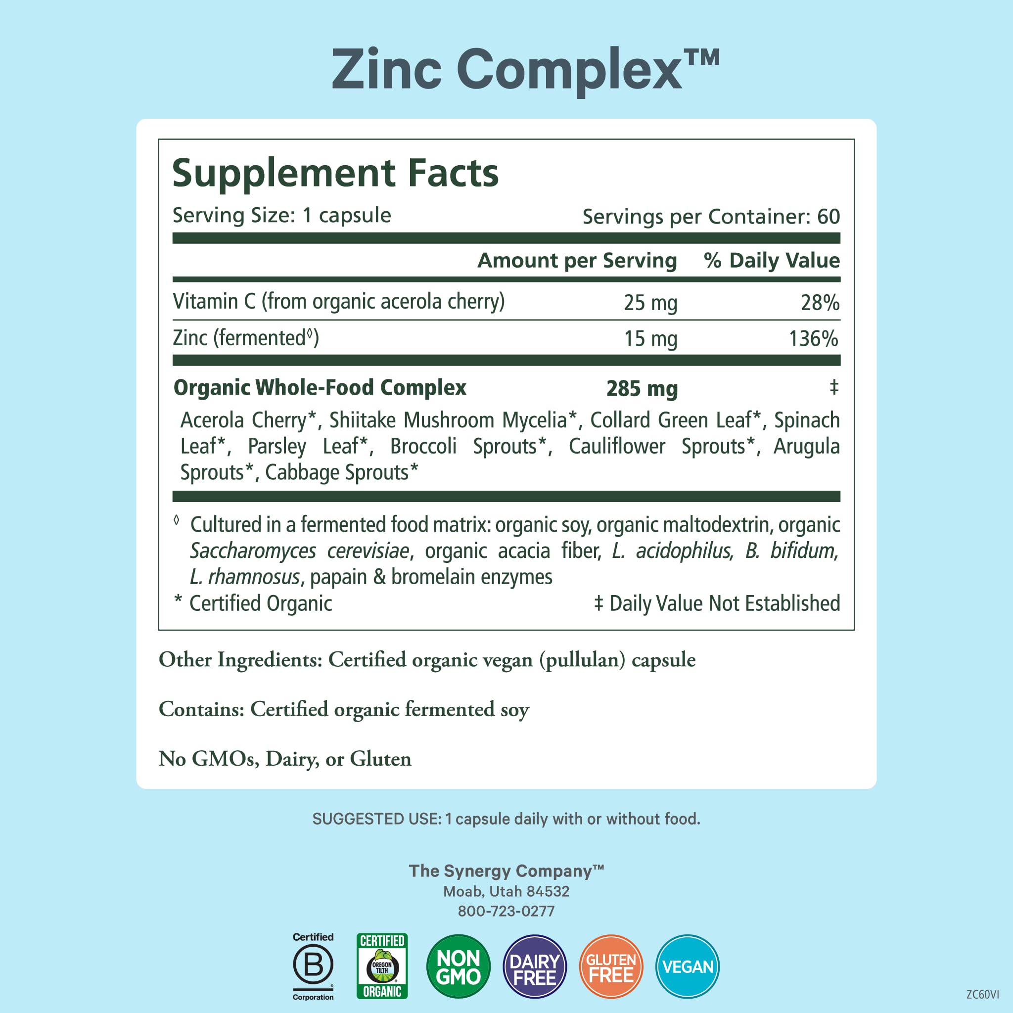 Pure Synergy Zinc Complex – Immune Support, Vegan Zinc with Vitamin C (60 Capsules)