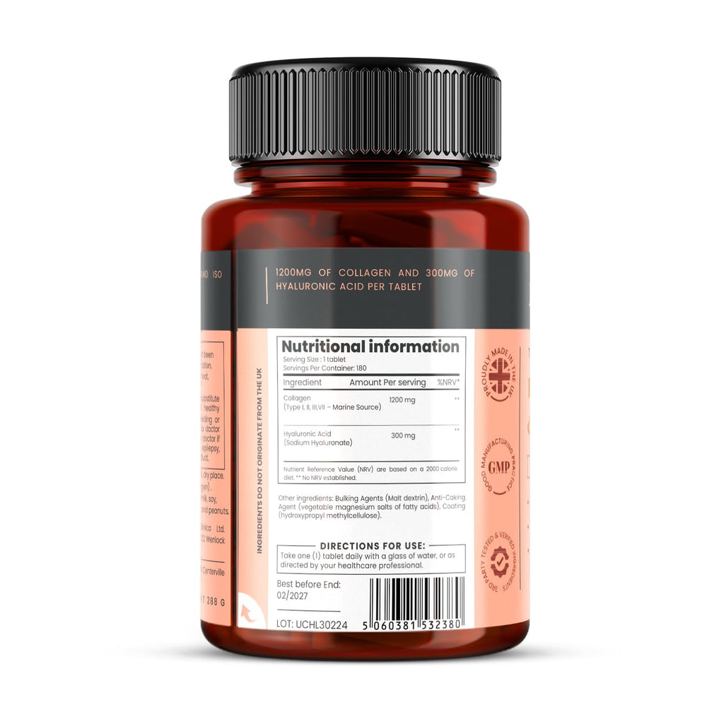 PureClinica Triple Strength Marine Collagen & Hyaluronic Acid – 1500mg per Tablet | 720 Tablets (4 Bottles of 180) | Supports Skin, Joints & Hydration