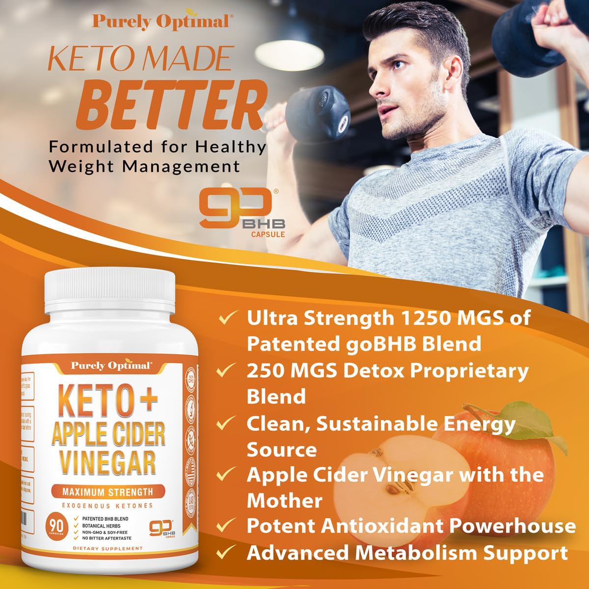 Purely Optimal Keto BHB & Apple Cider Vinegar Capsules – Ketosis Support – 90 Capsules