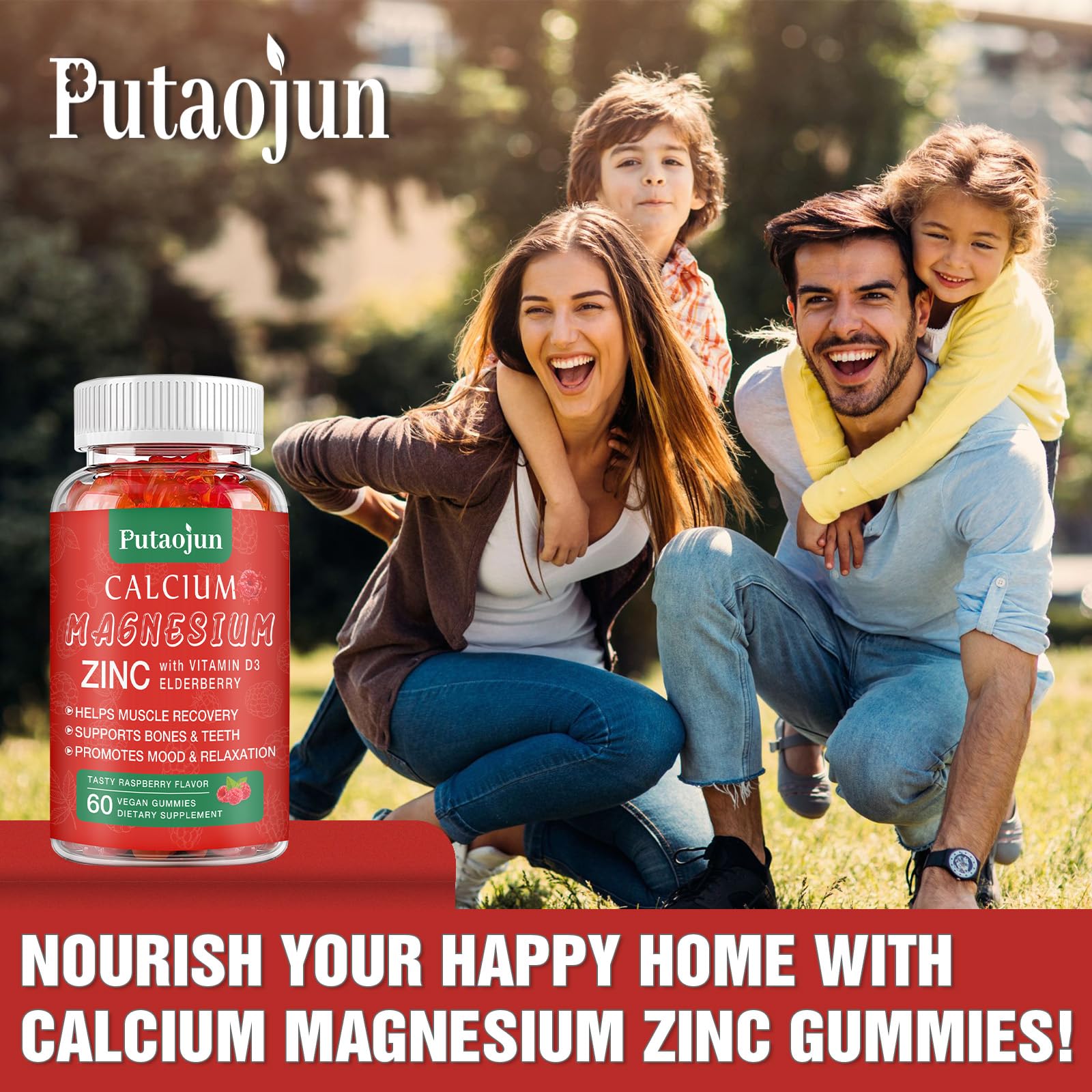 Putaojun Calcium Magnesium Zinc Gummies with Vitamin D3 | Sugar Free, Vegan, Raspberry – 1 Pack