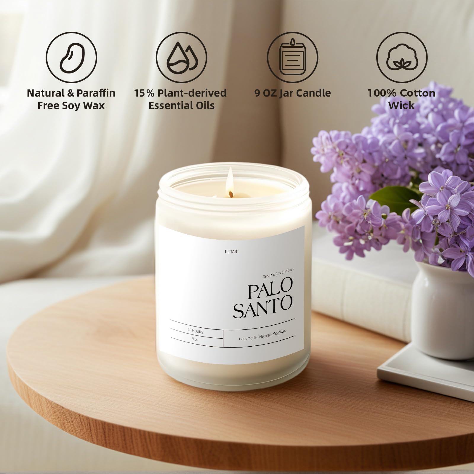 Putart Palo Santo Candle – 9oz Natural Soy Aromatherapy Jar, Stress Relief