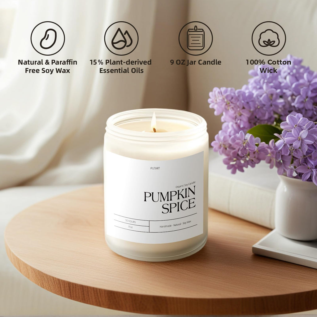 Putart Pumpkin Spice Fall Candles – Natural Soy Wax, 9oz, Non-Toxic Aromatherapy