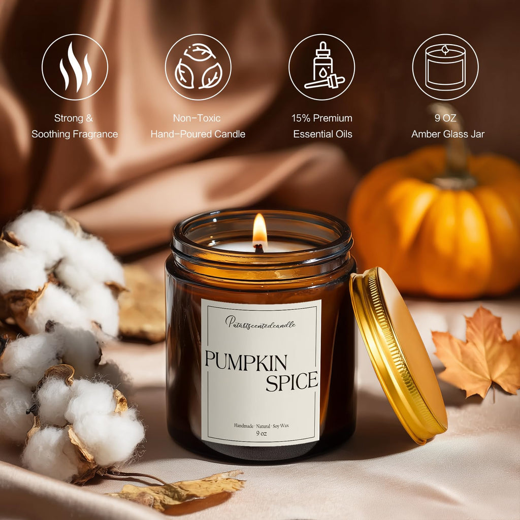 Putart Pumpkin Spice Soy Candle – 9oz, Amber Glass Jar