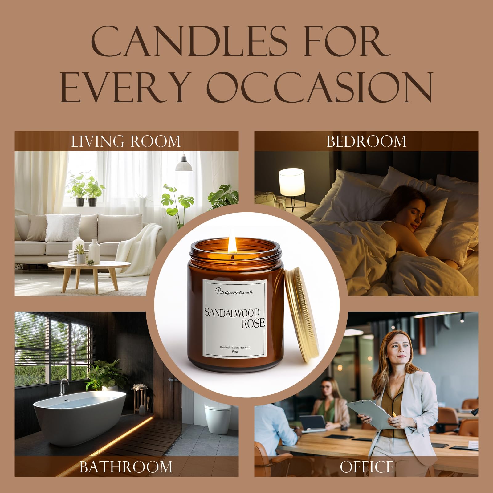 Putart Sandalwood & Rose Scented Candle – Natural Soy Wax 9oz Jar | Aromatherapy, Stress Relief Gift for Men & Women