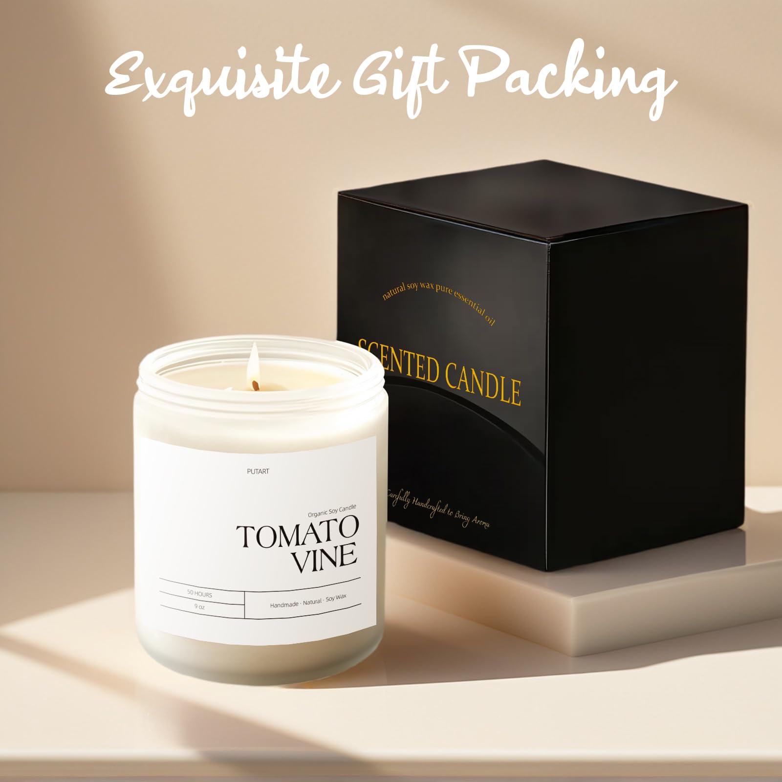 Putart Tomato Vine Candle – Natural Soy Wax Aromatherapy 9oz | Non-Toxic, Stress-Relief Jar