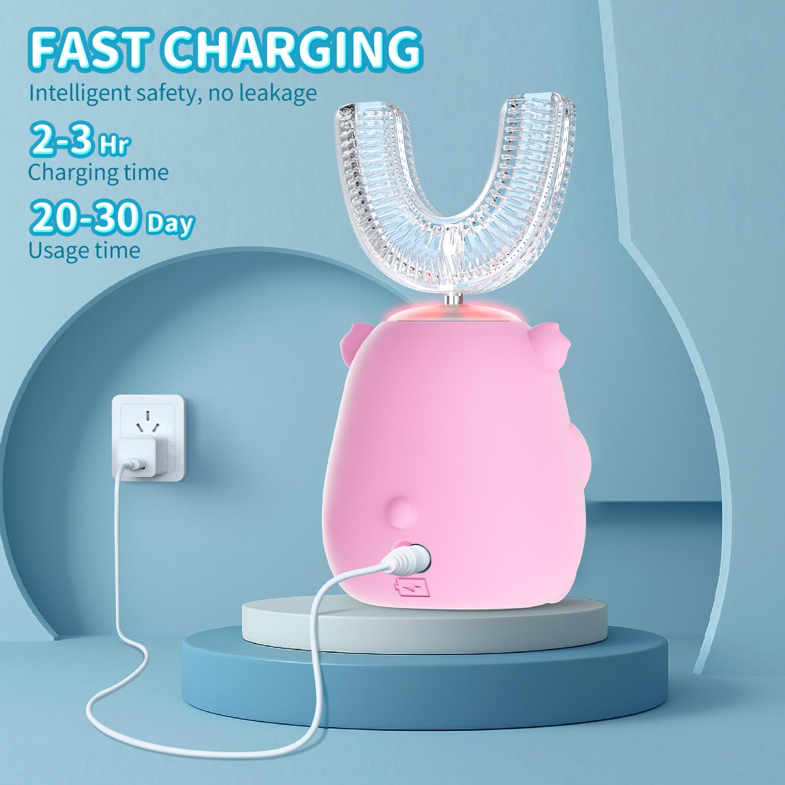 QDCYP Kids U-Shaped Electric Toothbrush (6-12) – 360° Sonic Cleaning, 6 Modes, 4 Heads, Koala Pink