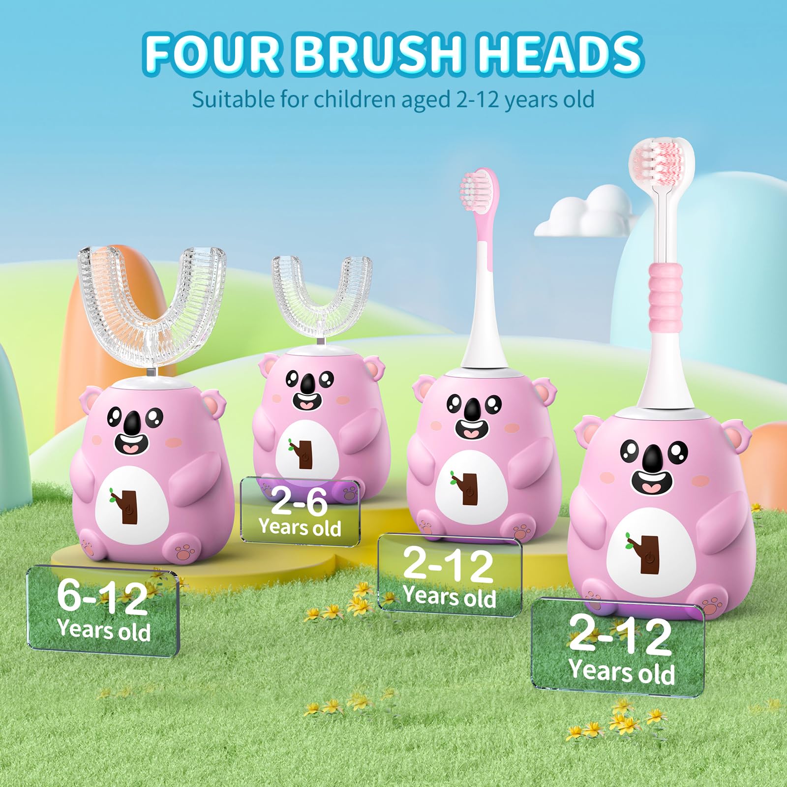QDCYP Kids U-Shaped Electric Toothbrush (6-12) – 360° Sonic Cleaning, 6 Modes, 4 Heads, Koala Pink