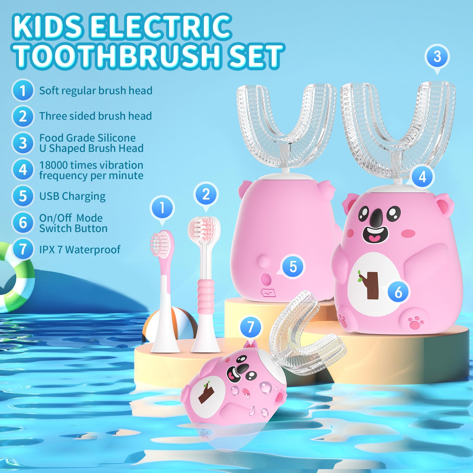 QDCYP Kids U-Shaped Electric Toothbrush (6-12) – 360° Sonic Cleaning, 6 Modes, 4 Heads, Koala Pink