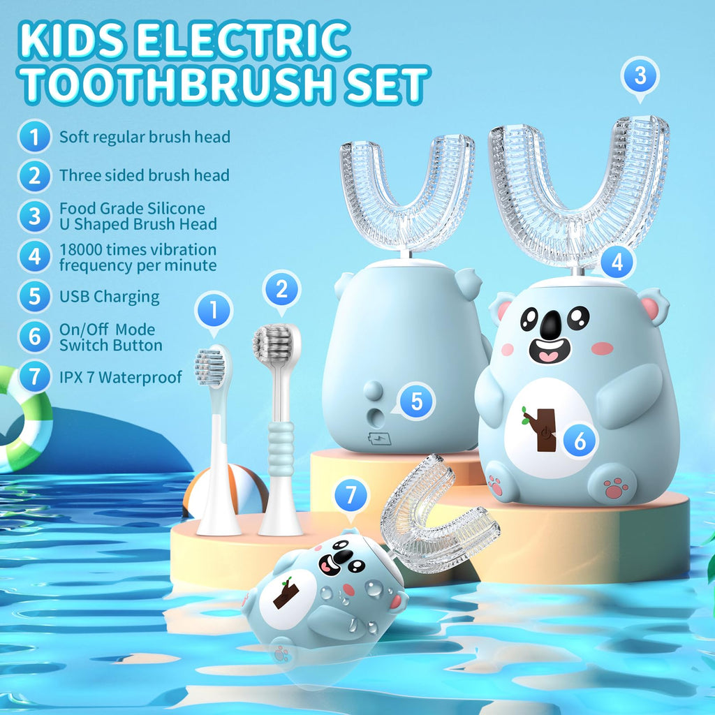 QDCYP Kids U-Shaped Electric Toothbrush – 360° Sonic Cleaning, 6 Modes, 4 Brush Heads, Koala Design (Ages 6-12, Grey Blue)