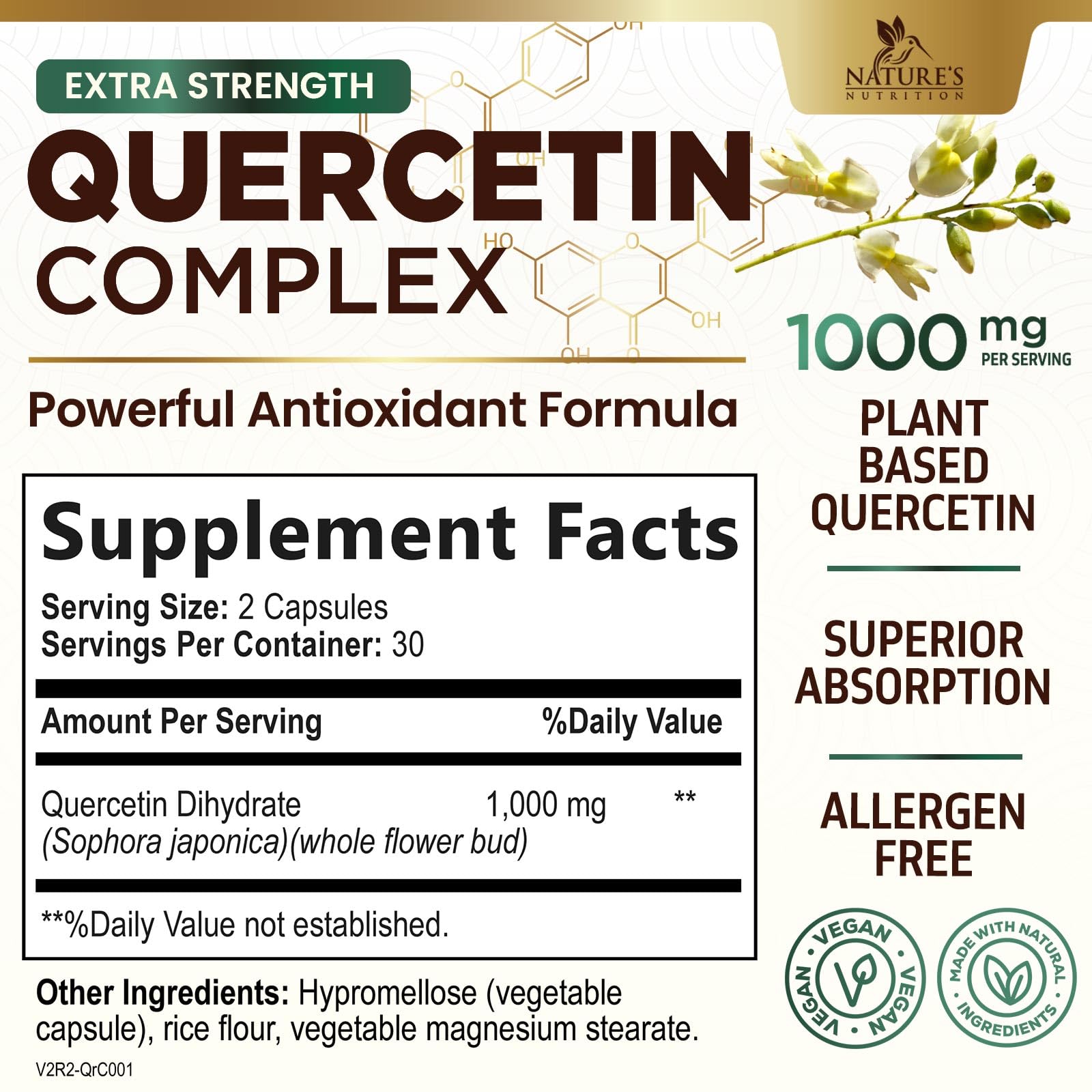 Quercetin 1000mg Supplement – Extra Strength Plant-Based Bioflavonoids | 60 Veggie Capsules
