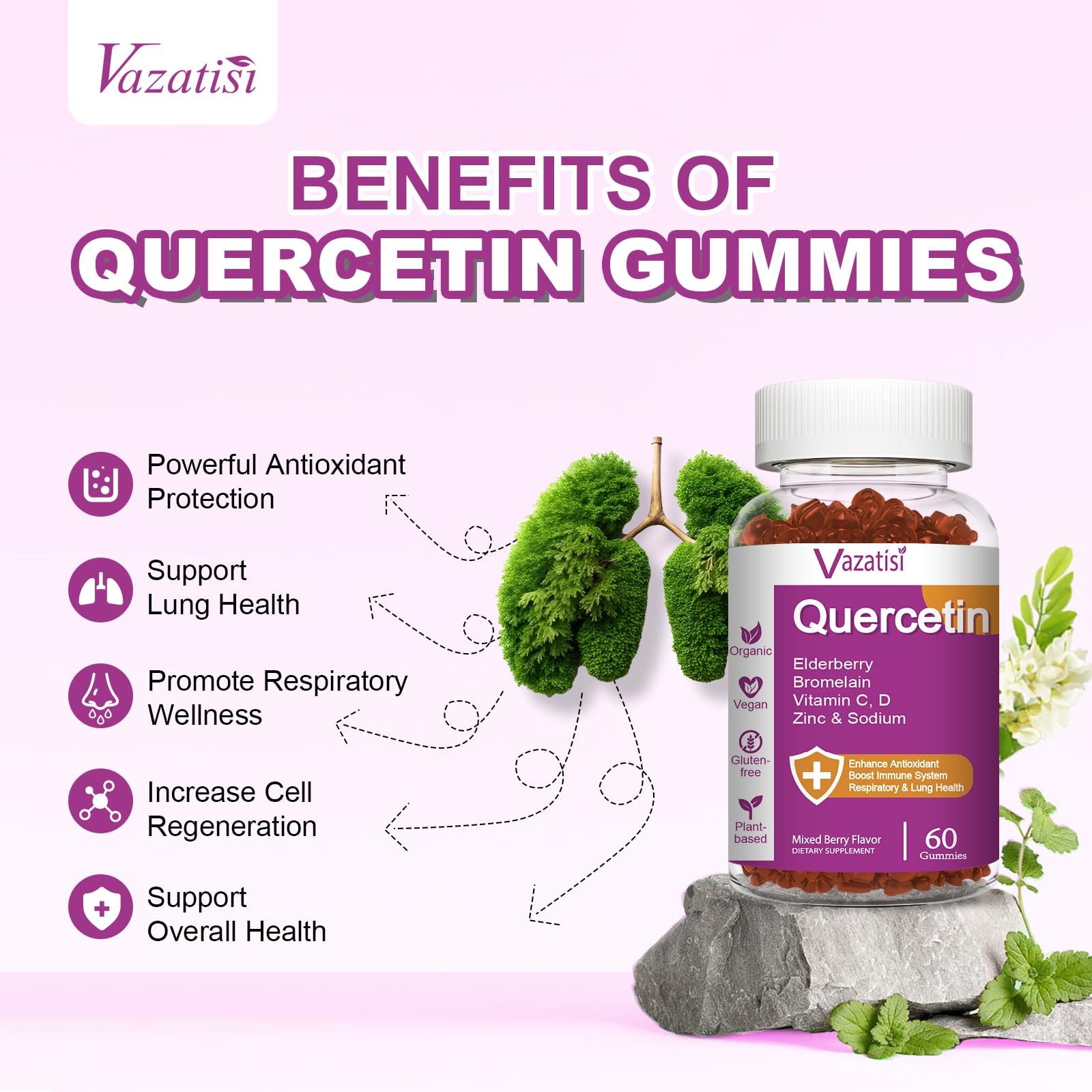Quercetin Gummies, Quercetin with Vitamin C Zinc, Bromelain, Elderberry and Vitamin D, Immune Support Adults Kids, Women Men 120 Gummies Chewable