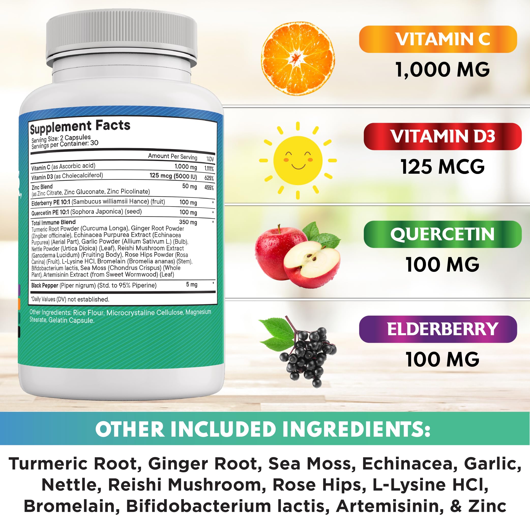 Quercetin Zinc Vitamin C Vitamin D Bromelain Elderberry – Nettle Immunity 120 Count