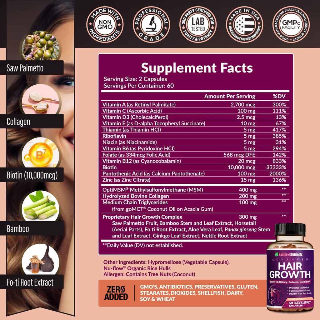 Rainbow Nutrients Hair Growth Vitamins for Women – 2 Pack with Biotin 10,000 mcg, Collagen, OptiMSM, Saw Palmetto