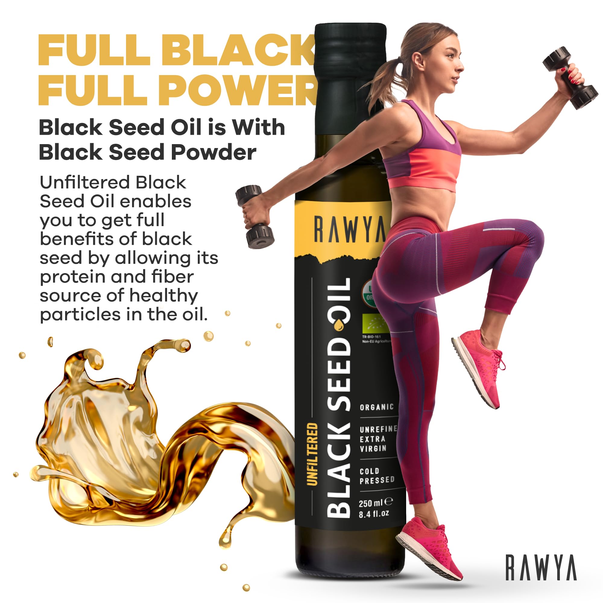 RAWYA Black Seed Oil - Unfiltered - 8.4 oz - Organic Full-Spectrum Cold-Pressed