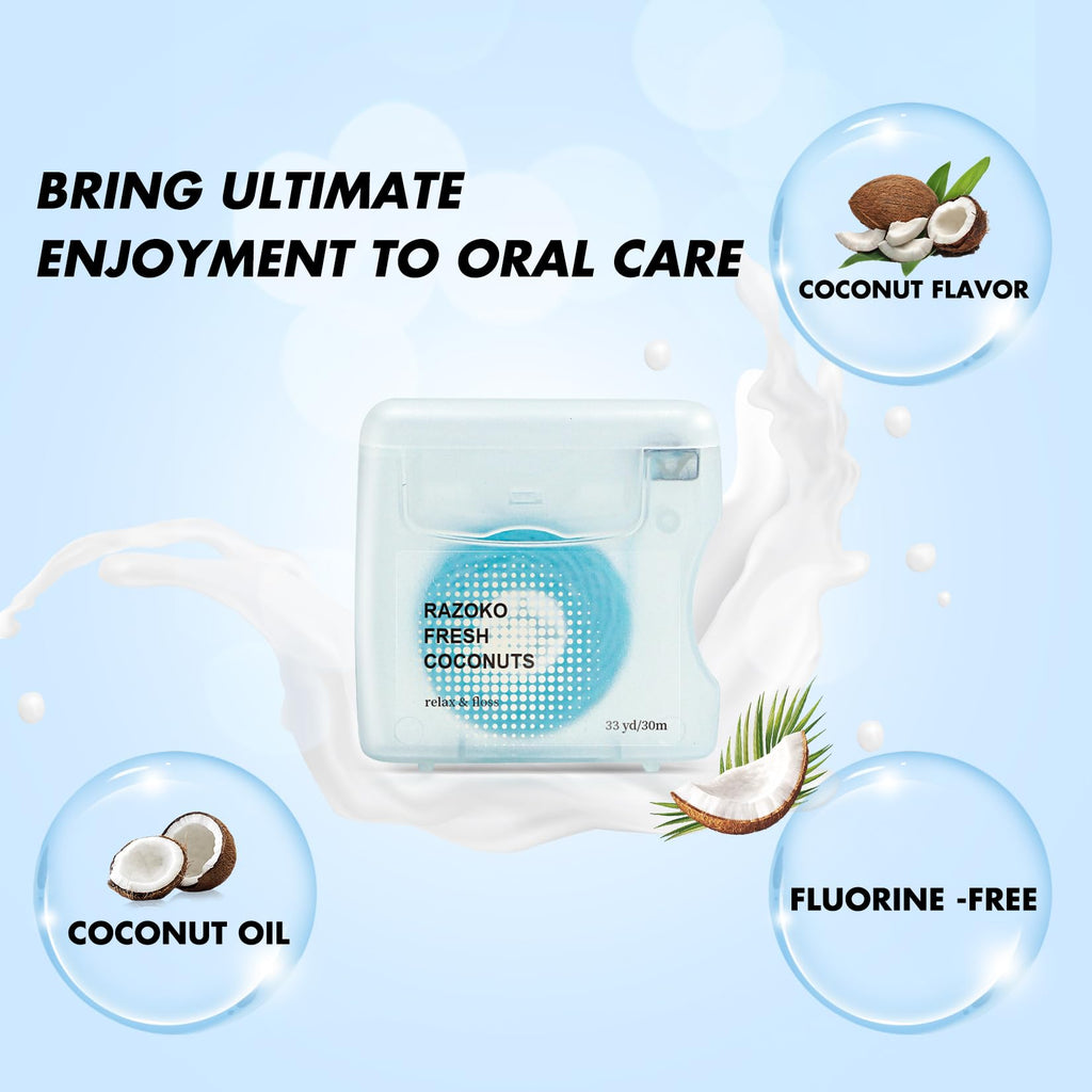 RAZOKO Coconut Oil Infused Woven Dental Floss – Vegan, Cruelty-Free, Coconut Scent, 33 Yds (2-Month Supply)