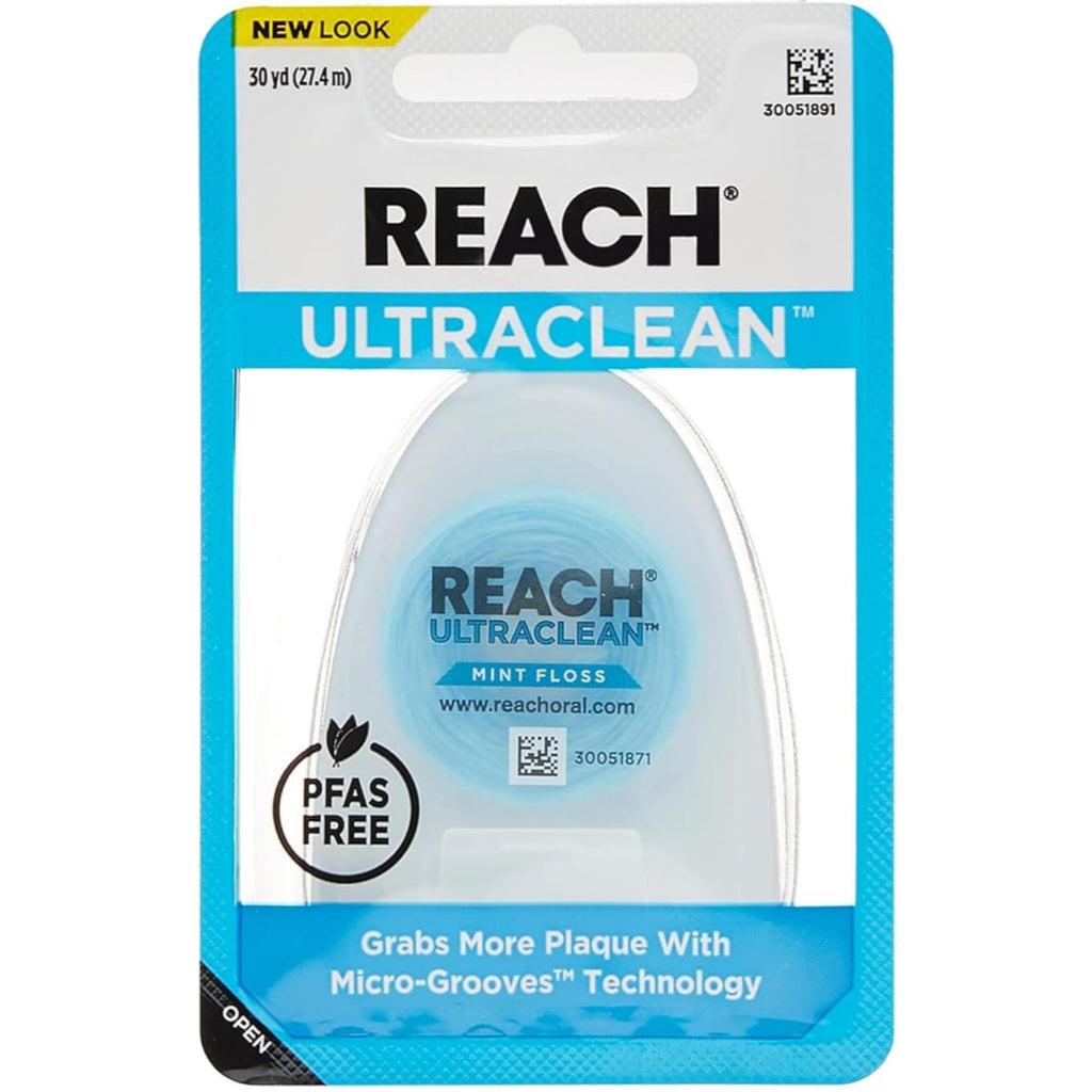 REACH Ultraclean Dental Floss Mint 30 Yards (Pack of 3) - Mint Floss with Micro-Grooves