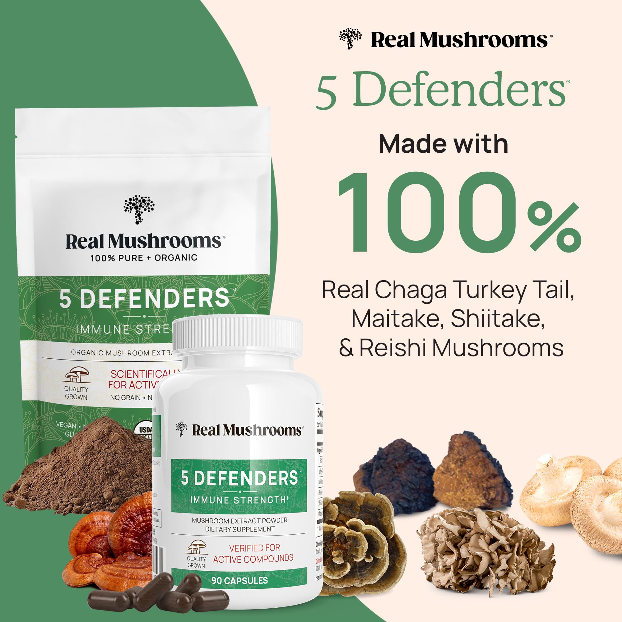 Real Mushrooms 5 Defenders Mushroom Complex – 5-Mushroom Beta Glucans (45 Servings)