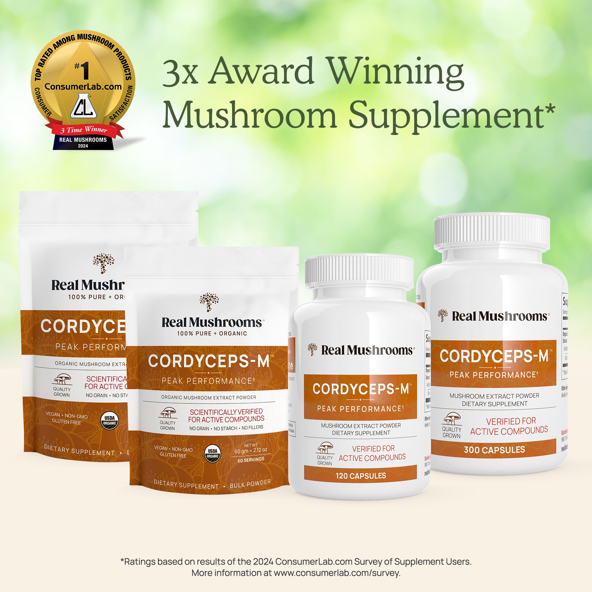 Real Mushrooms Cordyceps Capsules – Organic Cordyceps Militaris, 300 Vegan Capsules | 8% Beta-Glucans, Made in USA