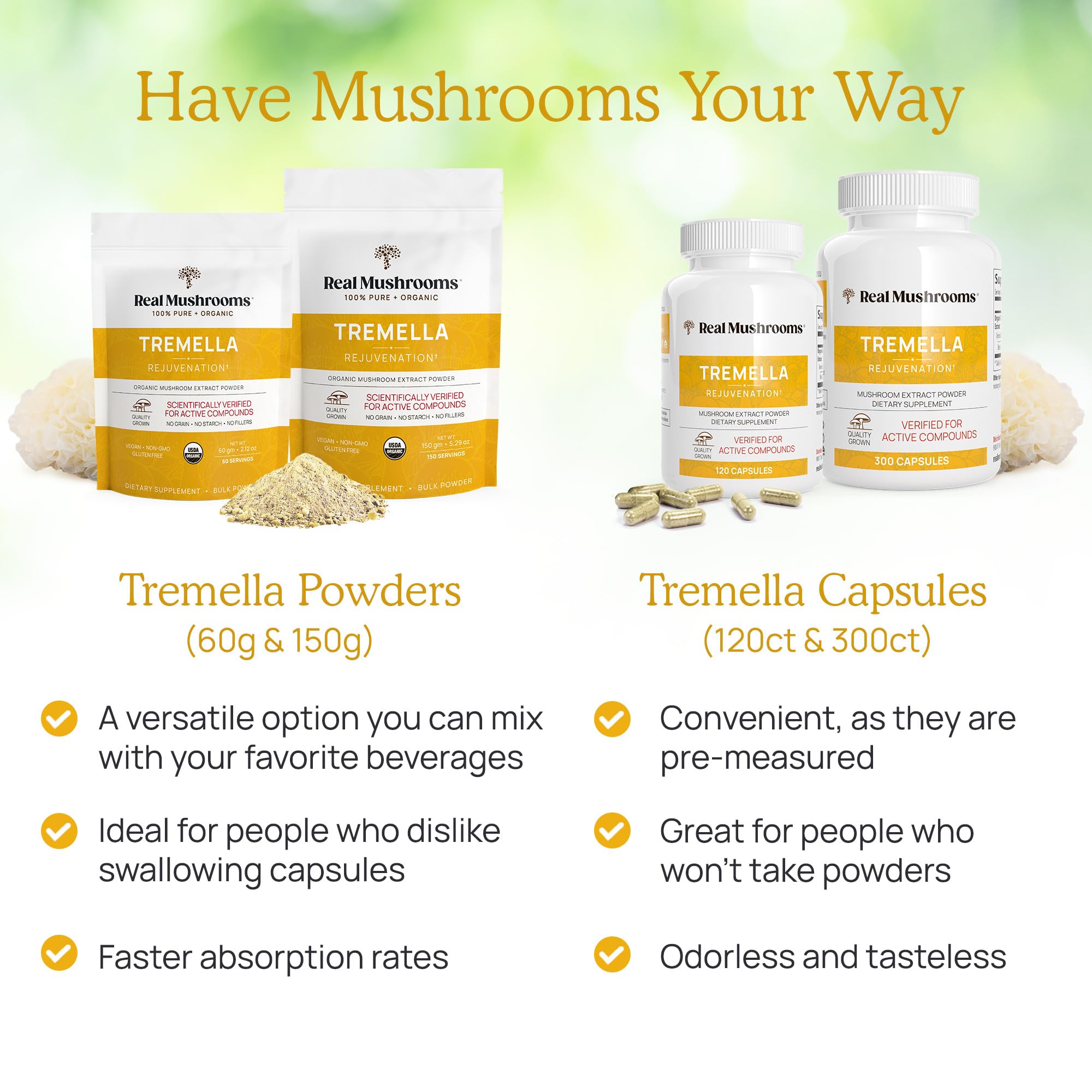 Real Mushrooms Tremella Mushroom Extract 120 Count - Vegan, Organic, Non-GMO