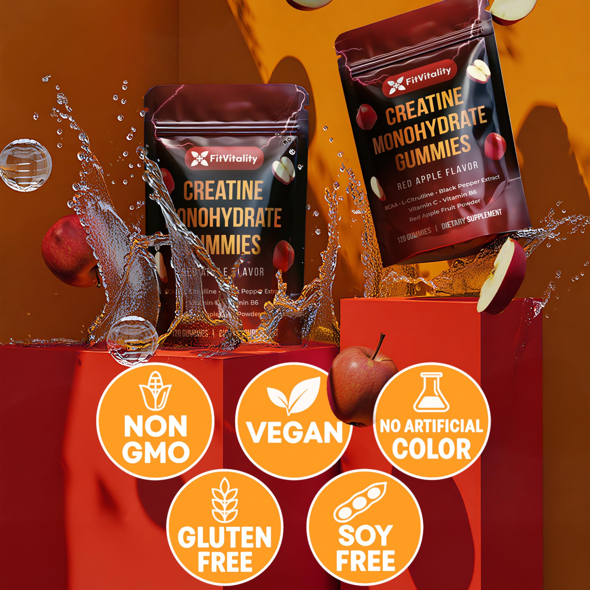 FitVitality Premium 120 Creatine Gummies – Creatine Monhydrate, Vitamin C & B6, Vegan, Non-GMO, Sugar-Free, Red Apple