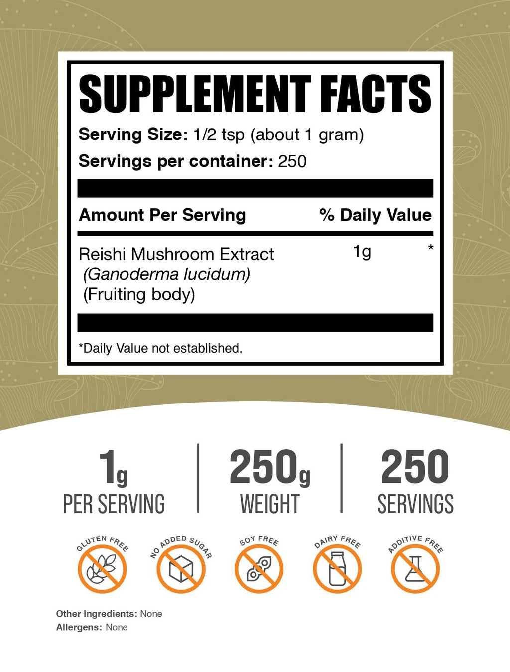 BulkSupplements Reishi Mushroom Extract Powder – 250g, 1g Serving, Gluten Free (Pack of 1)