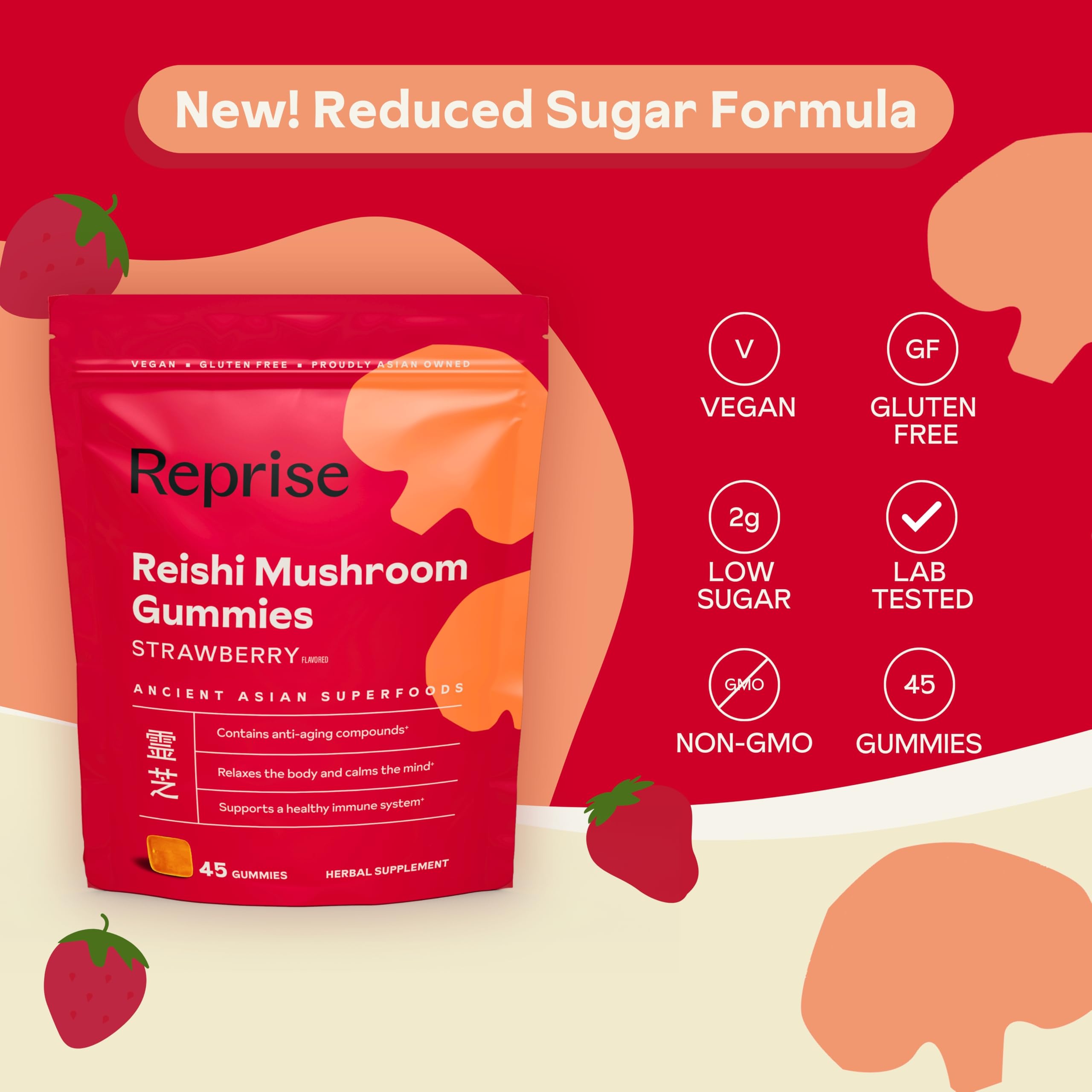 Reishi Mushroom Gummies | Hongo Reishi Mushroom Supplement Gummies (Lingzhi, Ganoderma Lucidum) | Full Spectrum Stress Gummies for Adults | Red Reishi Mushroom | Strawberry Flavor | 45 Count