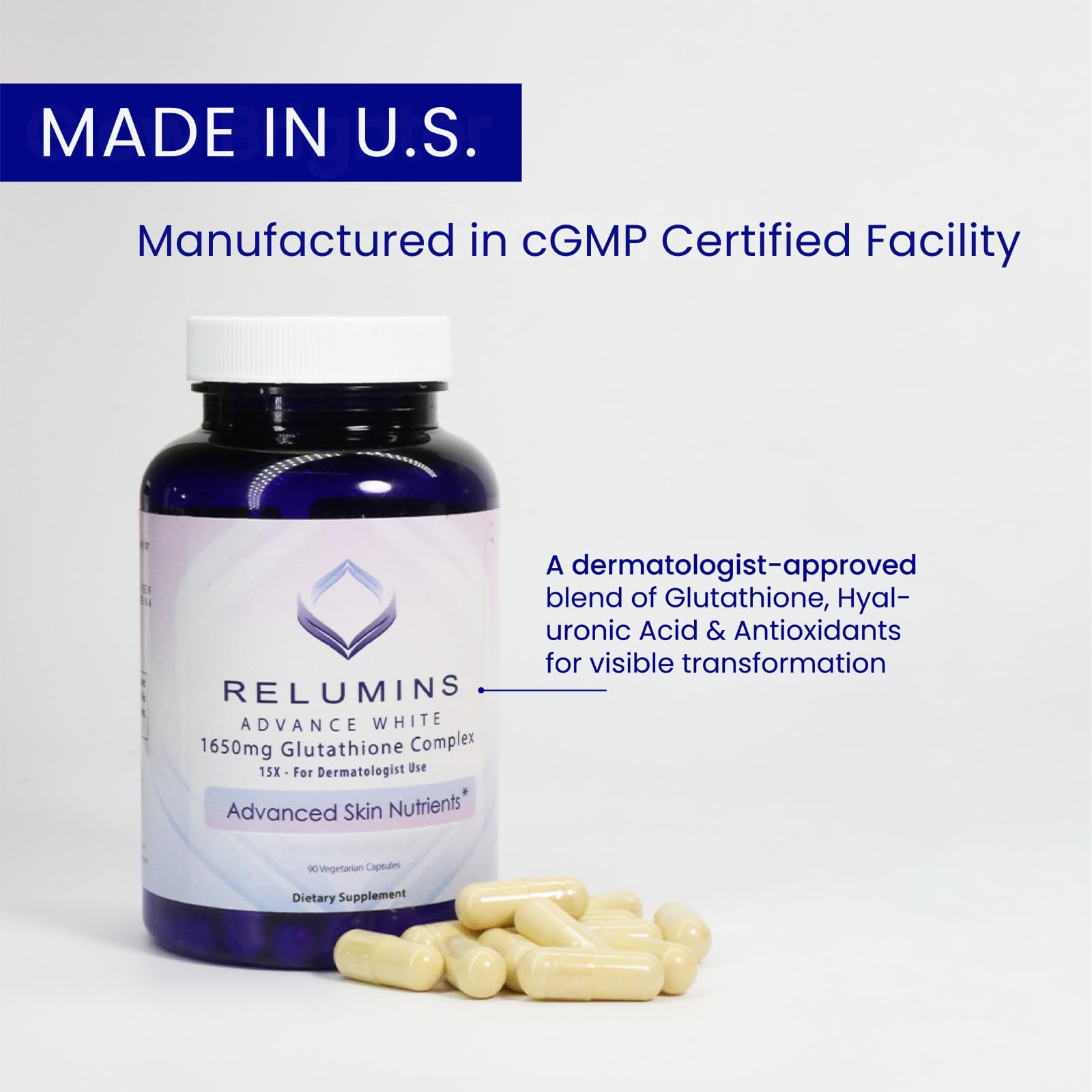 Relumins 1650mg L-Glutathione Complex – Hyaluronic Acid, Made in USA, 2 x 90 Capsules