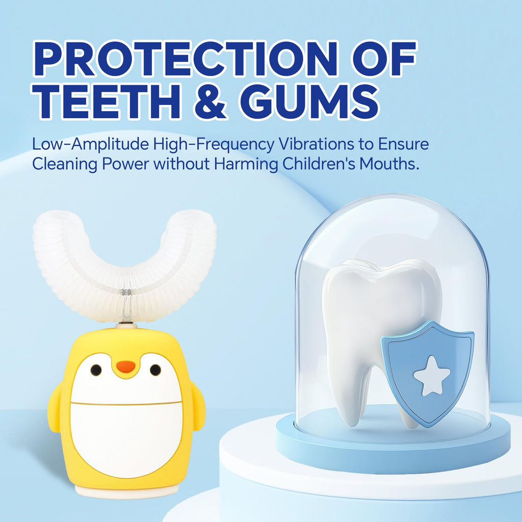 Renaelelife Kids Sonic Electric Toothbrush - U-Shaped, 5 Modes, IPX7, 2-7 yrs, Yellow Penguin