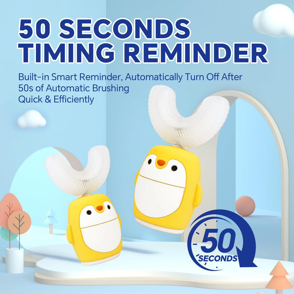 Renaelelife Kids Sonic Electric Toothbrush - U-Shaped, 5 Modes, IPX7, 2-7 yrs, Yellow Penguin